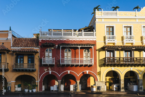 Cartagena de Indias/ Bolivar/ Colombia - July 20, 2018: Houses with arcades on the 