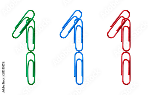 Multi-colored figures from paper clips isolated on white background. One.