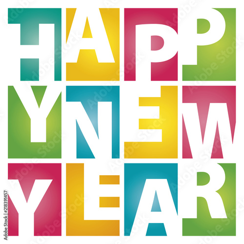 Happy New Year rectangle color letters white background
