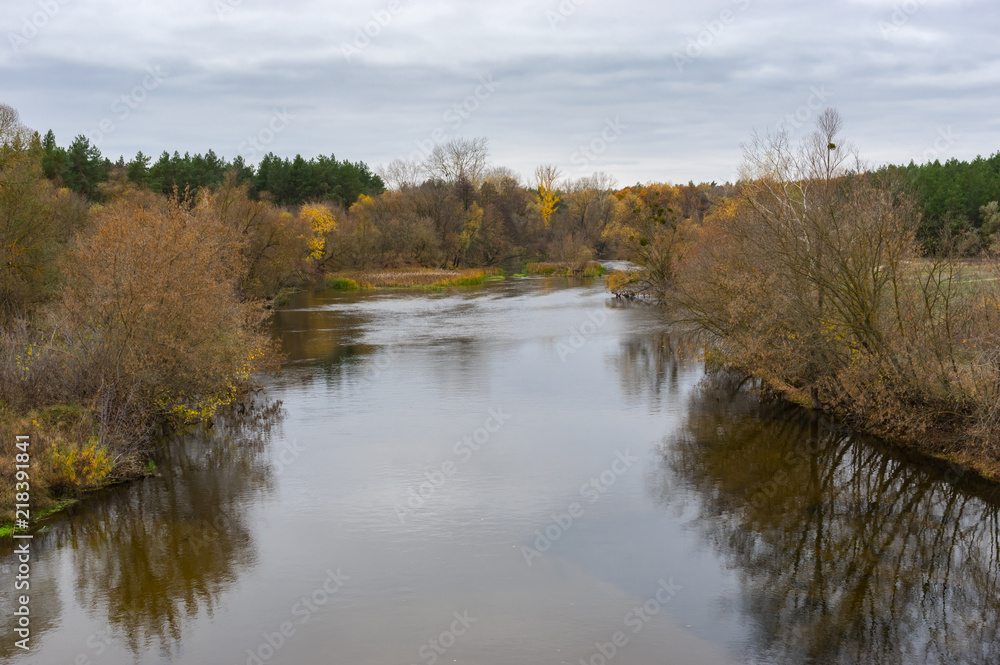 Autumnal landscape with Psel (left tributary of the Dnipro River) near Byshkin' village in Sumskaya oblast, Ukraine Autumnal landscape with Psel (left tributary of the Dnipro River) near Byshkin' village in Sumskaya oblast, Ukraine