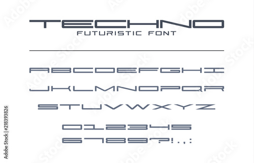 Techno futuristic wide font. Geometric, sport, future, digital technology alphabet. Letters and numbers for military, tech industry, game, business logo design. Modern minimalistic vector typeface