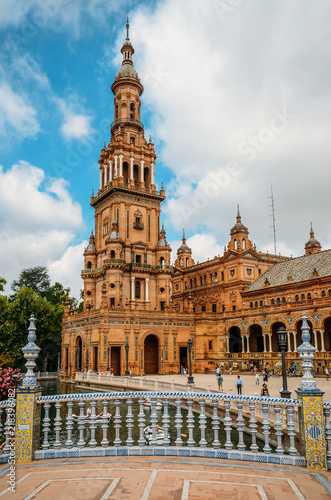 Spain Square, Plaza de Espana, is in the Public Maria Luisa Park, in Seville. It is a landmark example of the Renaissance Revival style in Spanish architecture