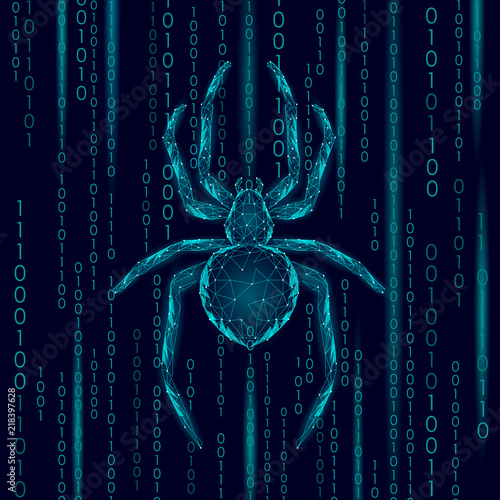 Low poly spider hacker attack danger. Web security virus data safety antivirus concept. Polygonal modern design business concept. Cyber crime web insect bug technology vector illustration
