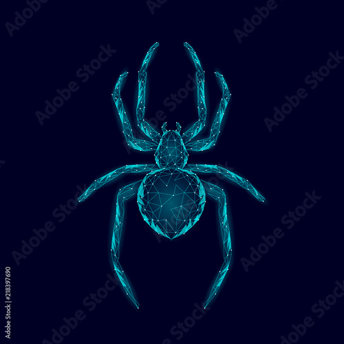 Low poly spider dangerous arachnids. Web security virus data safety antivirus concept. Polygonal modern blue glowing design business concept. Cyber crime web insect technology vector illustration