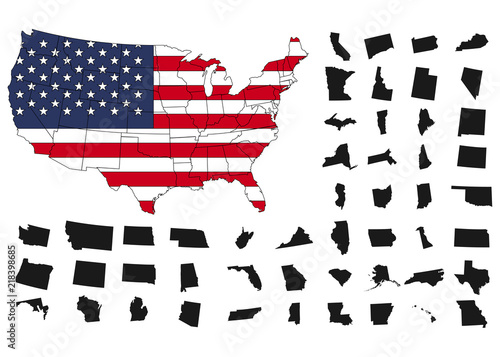 States of America territory on white background. USA flag. Separate states. Vector illustration