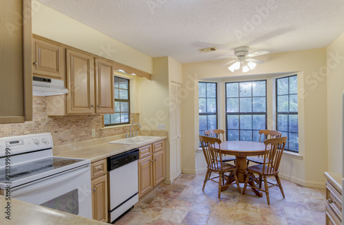 Simple style kitchen with round eat in table.