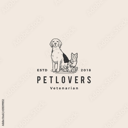 dog cat pet lover logo hipster vintage old hand drawing vector illustration