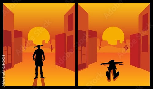Wild west gunslinger. Background the city and desert. Color flat