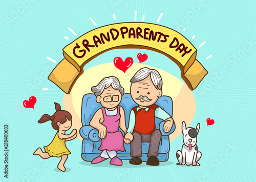 cartoon grandparents with love child and dog,multi colour,bright background colour