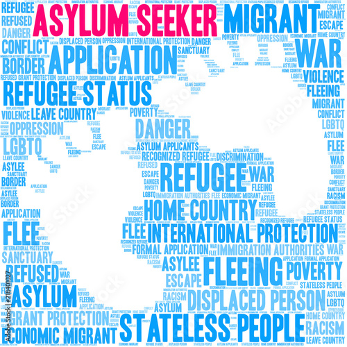 Asylum Seeker Word Cloud on a white background. 