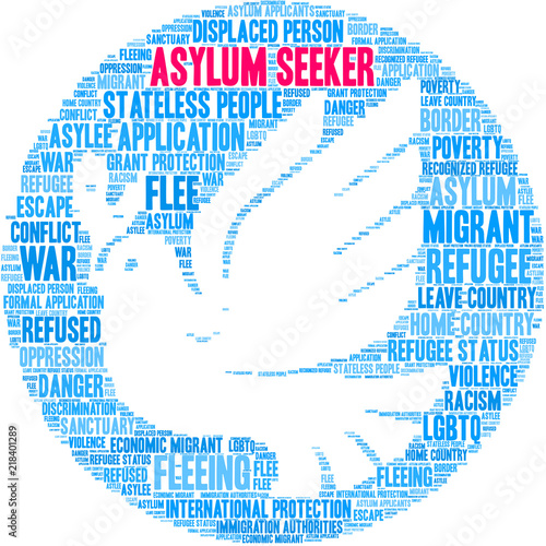 Asylum Seeker Word Cloud on a white background. 