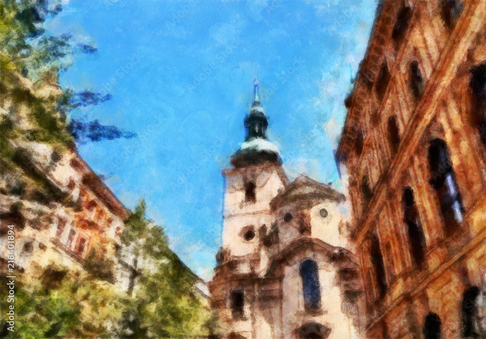 Oil painting. Art print for wall decor. Acrylic artwork. Big size poster. Watercolor drawing. Modern style fine art. Czech Republic. Prague. Wonderful cityscape. Medieval historical Cathedral.