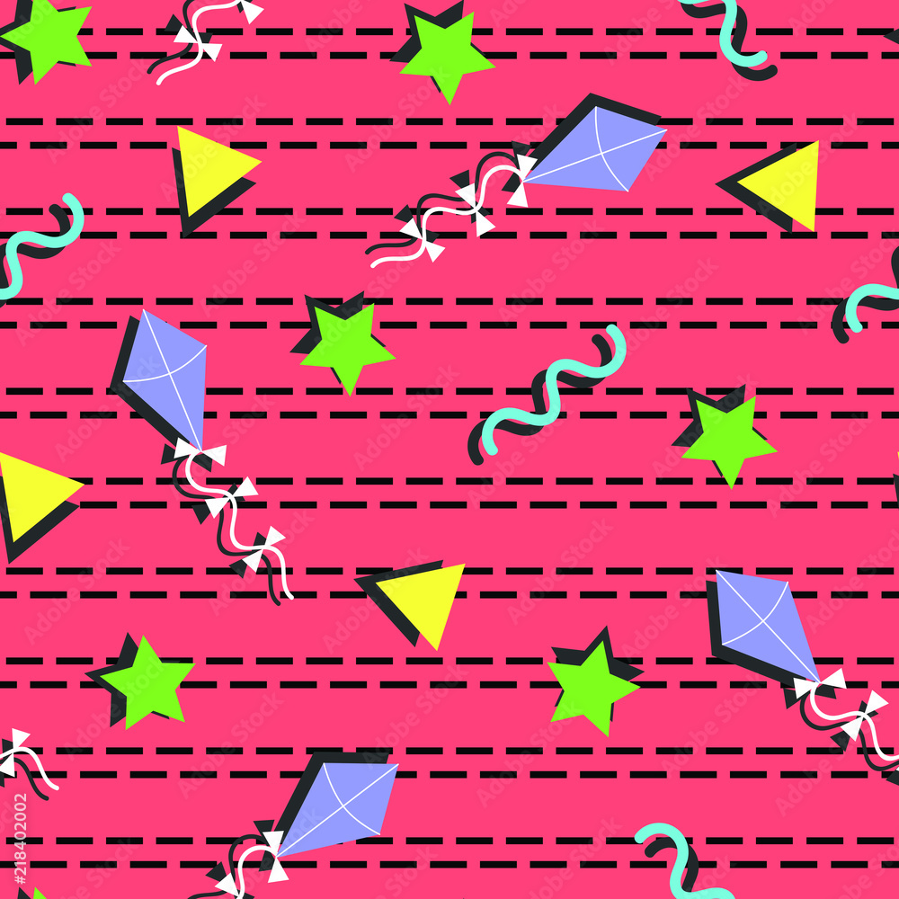 kite,star, triangle and curvy line Memphis pattern with their drop shadows on light red with black dashed background seamless pattern kite,star, triangle and curvy line Memphis pattern with their drop shadows on light red with black dashed background seamless pattern
