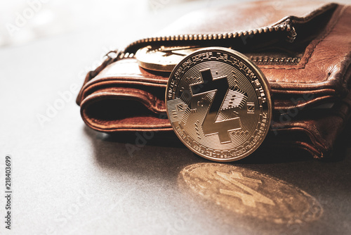 Golden Z Cash coin leaning against a leather wallet on a plain surface