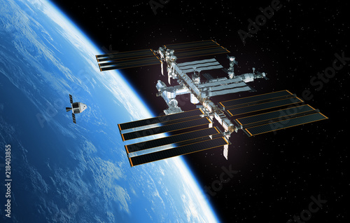 Fototapeta Naklejka Na Ścianę i Meble -  Spaceship Is Preparing To Dock With International Space Station