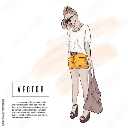 Girl in Summer outfit: shorts, t shirt, bag, sunglasses sketch  illustration. Fashion watercolor drawing. Beautiful female model. Street style Magazine look. Glamour hand drawn print.