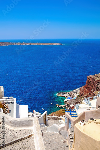 Architecture of the island of Santorini  Thira  Greece. Descent to the sea