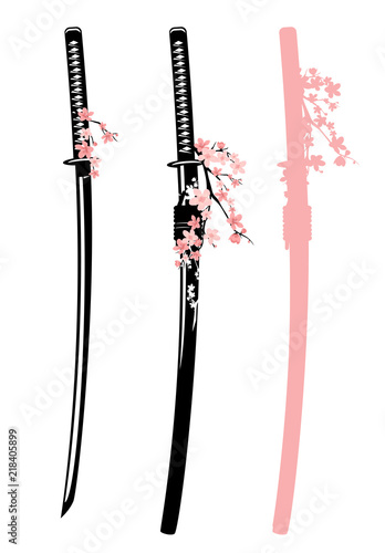traditional japanese katana sword and blooming cherry tree branches vector design