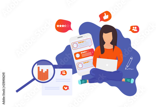 Customer centricity reputation management concept vector illustration. Customer feedback online review report client survey presentation template. A girl with a laptop and infographic charts elements.