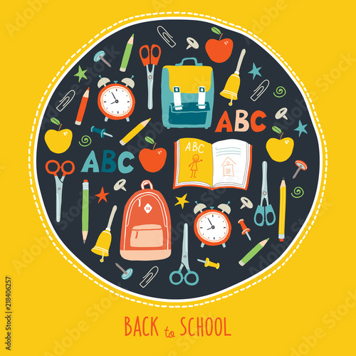 First day of school background. Card concept. Poster design. Set of funny hand drawn school icons. Vector clip art eps 10 illustration in flat style.