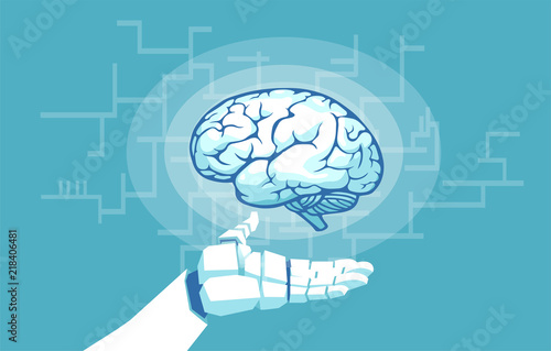 Vector of a robot hand holding examining human brain