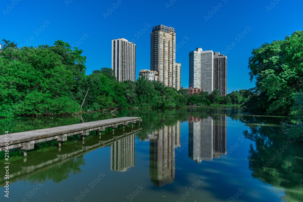 Side View of North Pond in Chicago with Building Reflections