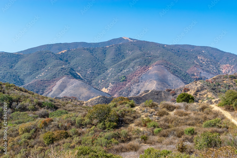 Forest fire damaged hills in middle or Southern California mountains popular for hiking and biking Forest fire damaged hills in middle or Southern California mountains popular for hiking and biking