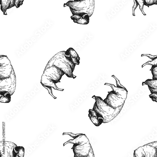 Seamless pattern of hand drawn sketch style bison isolated on white background. Vector illustration.