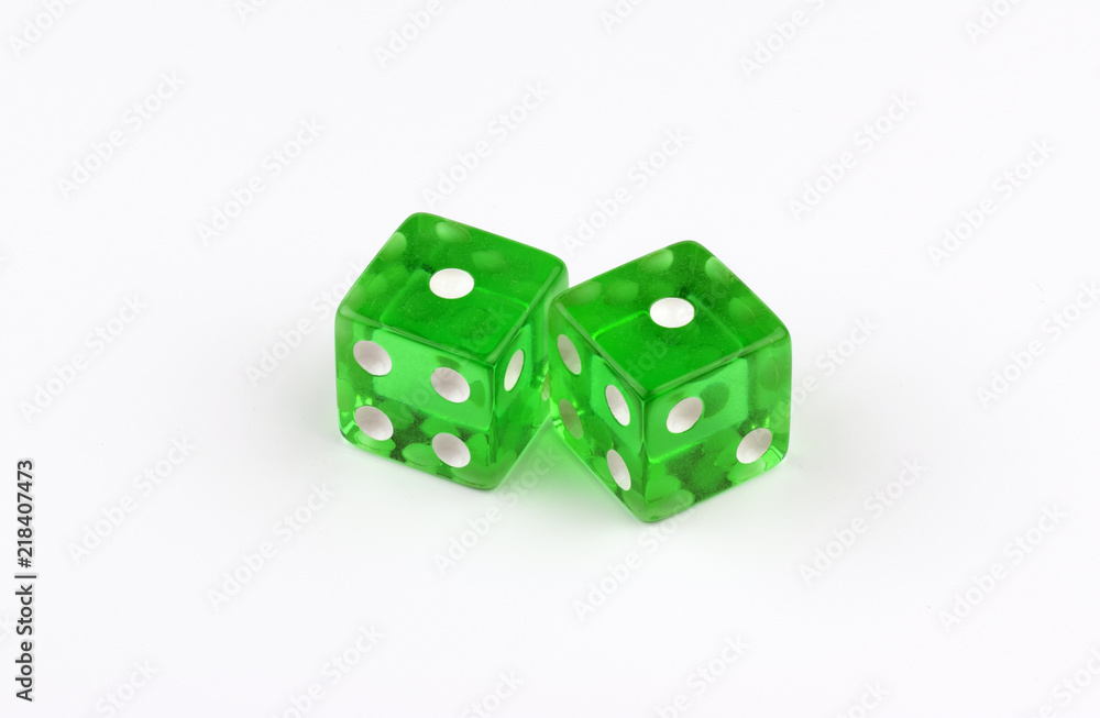 A pair of green, translucent gaming dice showing snake eyes A pair of green, translucent gaming dice showing snake eyes