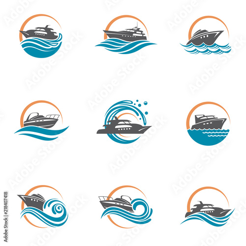 collection of speedboat and yacht icons on waves