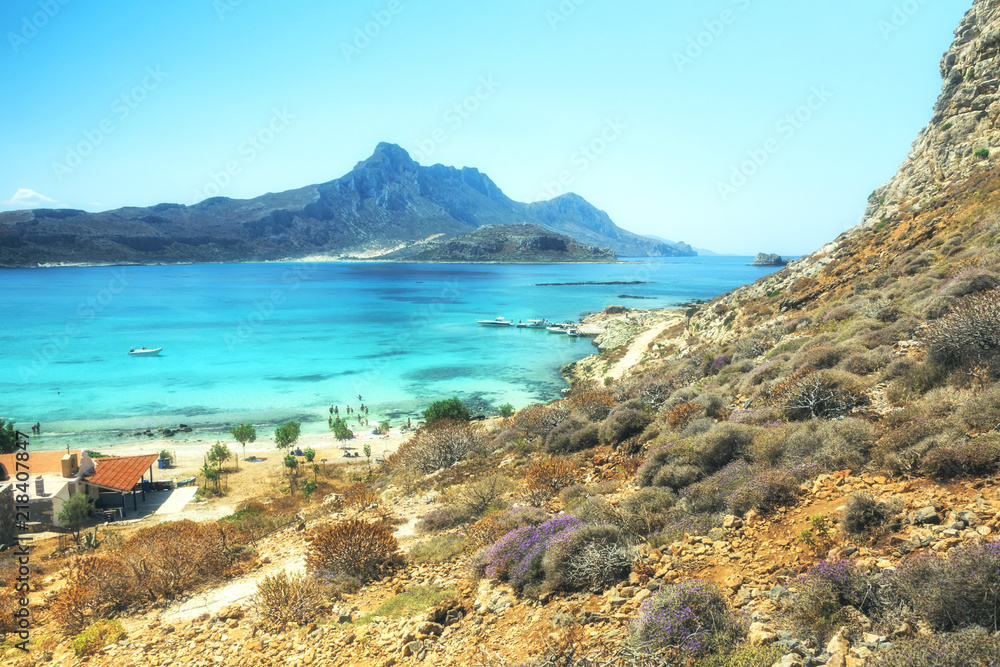 Balos Lagoon Turquoise and Blue sea, view from the cliff of the island fort, Crete Island, Greece