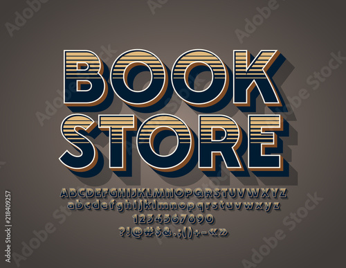 Vector Logo Retro Store. 3D Font. Textured old fashioned style Alphabet Letters, Numbers and Symbols.