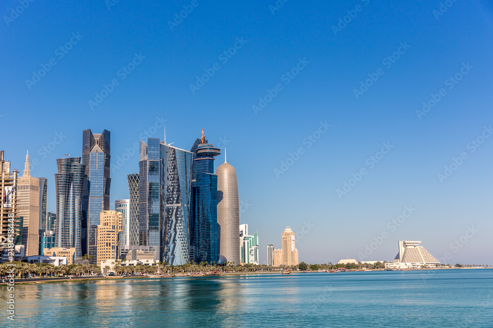 DOHA, QATAR - JAN 8th 2018: The West Bay City skyline as viewed from The Grand Mosque on Jan 8th, 2018 in Doha, Qatar. The West Bay is considered as one of the most prominent districts of Doha