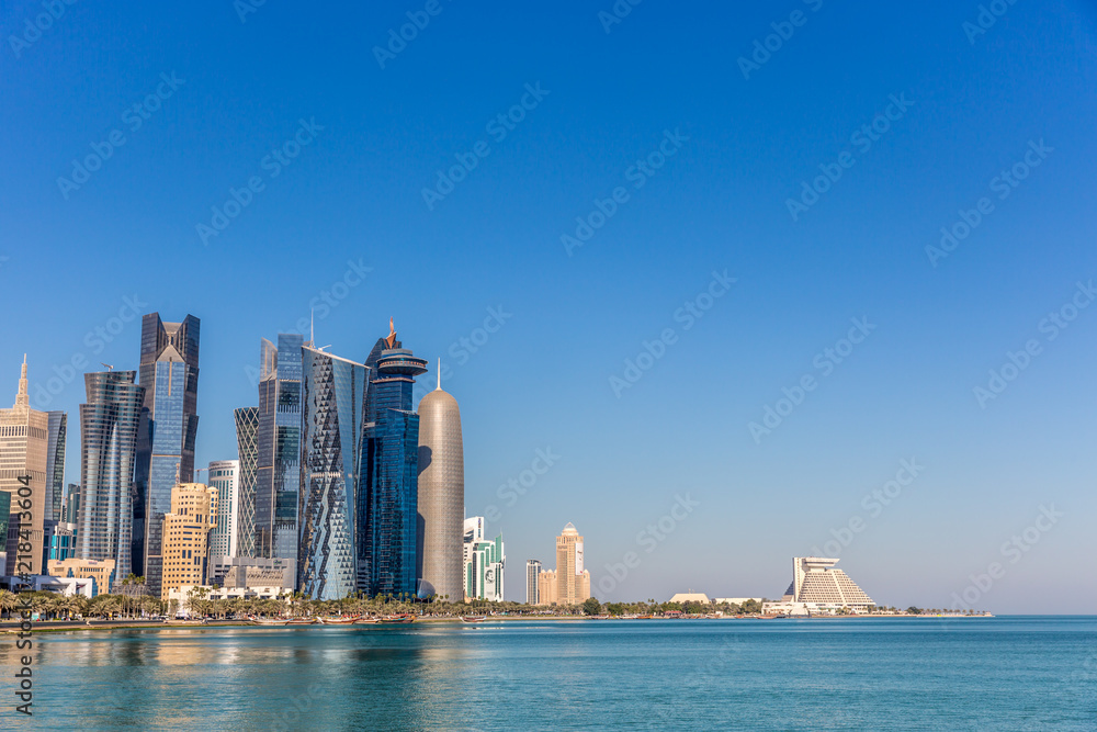 DOHA, QATAR - JAN 8th 2018: The West Bay City skyline as viewed from The Grand Mosque on Jan 8th, 2018 in Doha, Qatar. The West Bay is considered as one of the most prominent districts of Doha