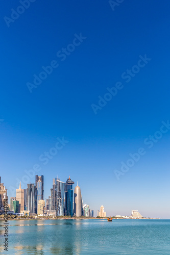 DOHA  QATAR - JAN 8th 2018  The West Bay City skyline as viewed from The Grand Mosque on Jan 8th  2018 in Doha  Qatar. The West Bay is considered as one of the most prominent districts of Doha