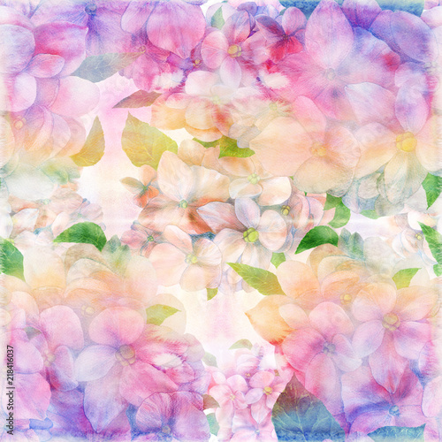 Flowers and leaves of hydrangeas - drawing by watercolor. Seamless pattern. Use printed materials, signs, items, websites, maps, posters, postcards, packaging.