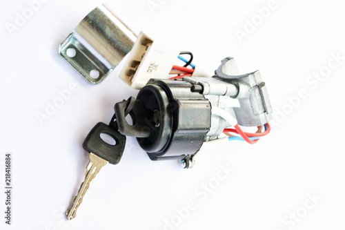 ignition lock with car key. Isolated on white background with clipping path