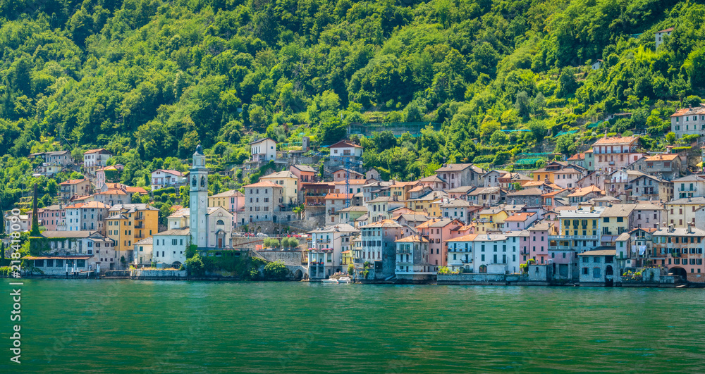 Brienno as seen from the ferry, on the Como Lake, Lombardy, Italy.