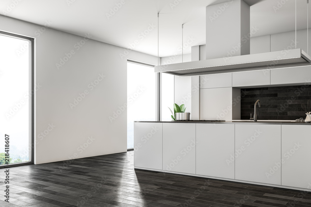Obraz premium Dark wooden floor kitchen, white counters