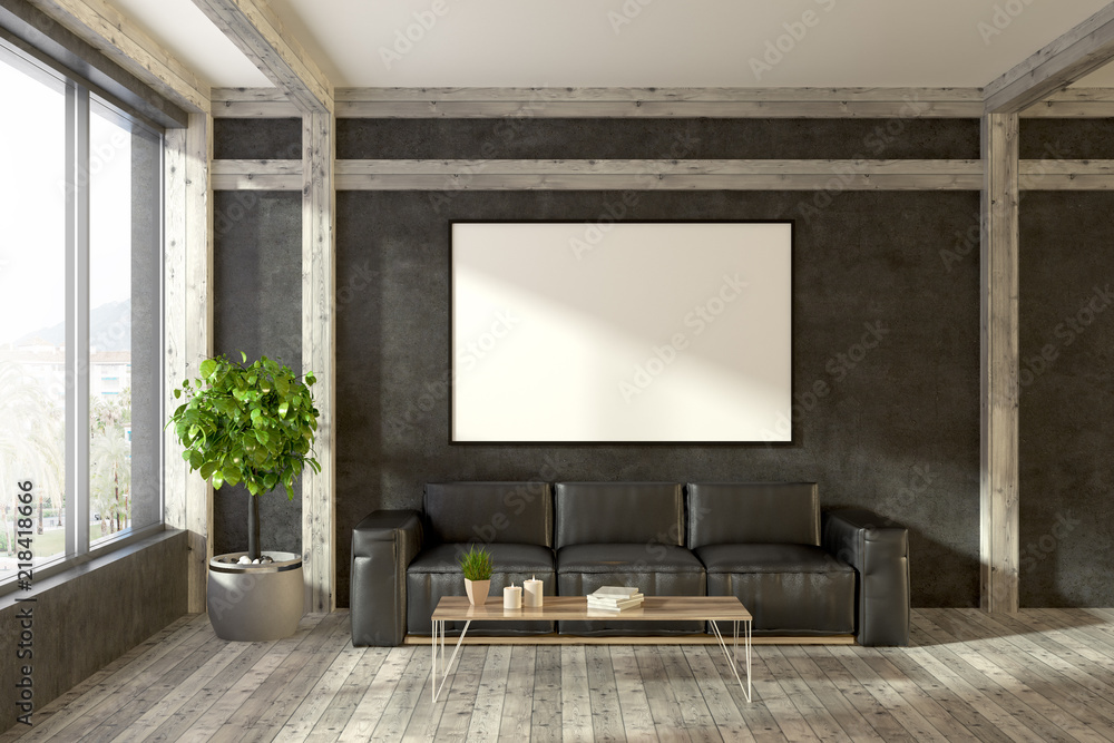 Leather sofa in black living room, poster Leather sofa in black living room, poster