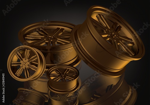 Gold car wheels on a black