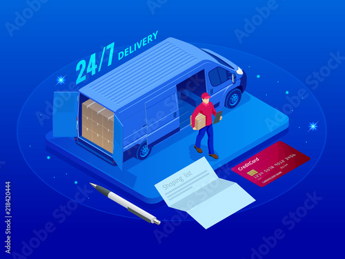 Isometric Logistics and Delivery 24-7 concept. Delivery home and office. City logistics. Delivery truck with cardboard box and delivery man. Vector illustration