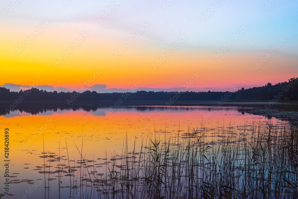 red sunset on Braslav lakes, Braslav, Vitebsk region, Belarus