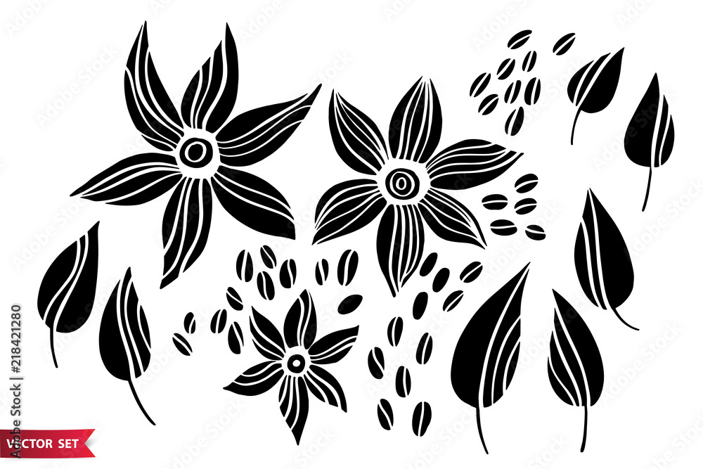 Vector set of hand drawing wild plants, herbs and flowers, monochrome artistic botanical illustration, isolated floral elements, hand drawn illustration.