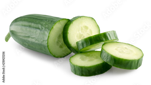 green cucumber with slices isolated on a white background