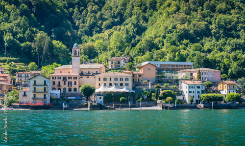 Lezzeno waterfront as seen from the ferry, Lake Como, Lombardy, Italy. photo