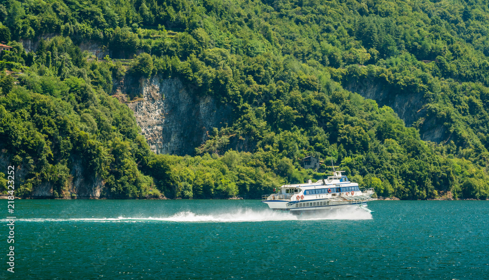High speed ferry on Lake Como, Lombardy, Italy.