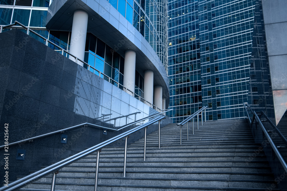 Fototapeta premium Stairs in Moscow city international business center skyscrapers at sunset