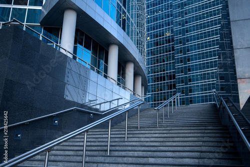 Stairs in Moscow city international business center skyscrapers at sunset