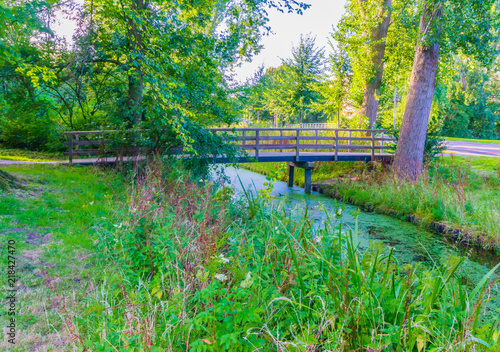 wooden bridge to cross over the river in a forest landscape photo